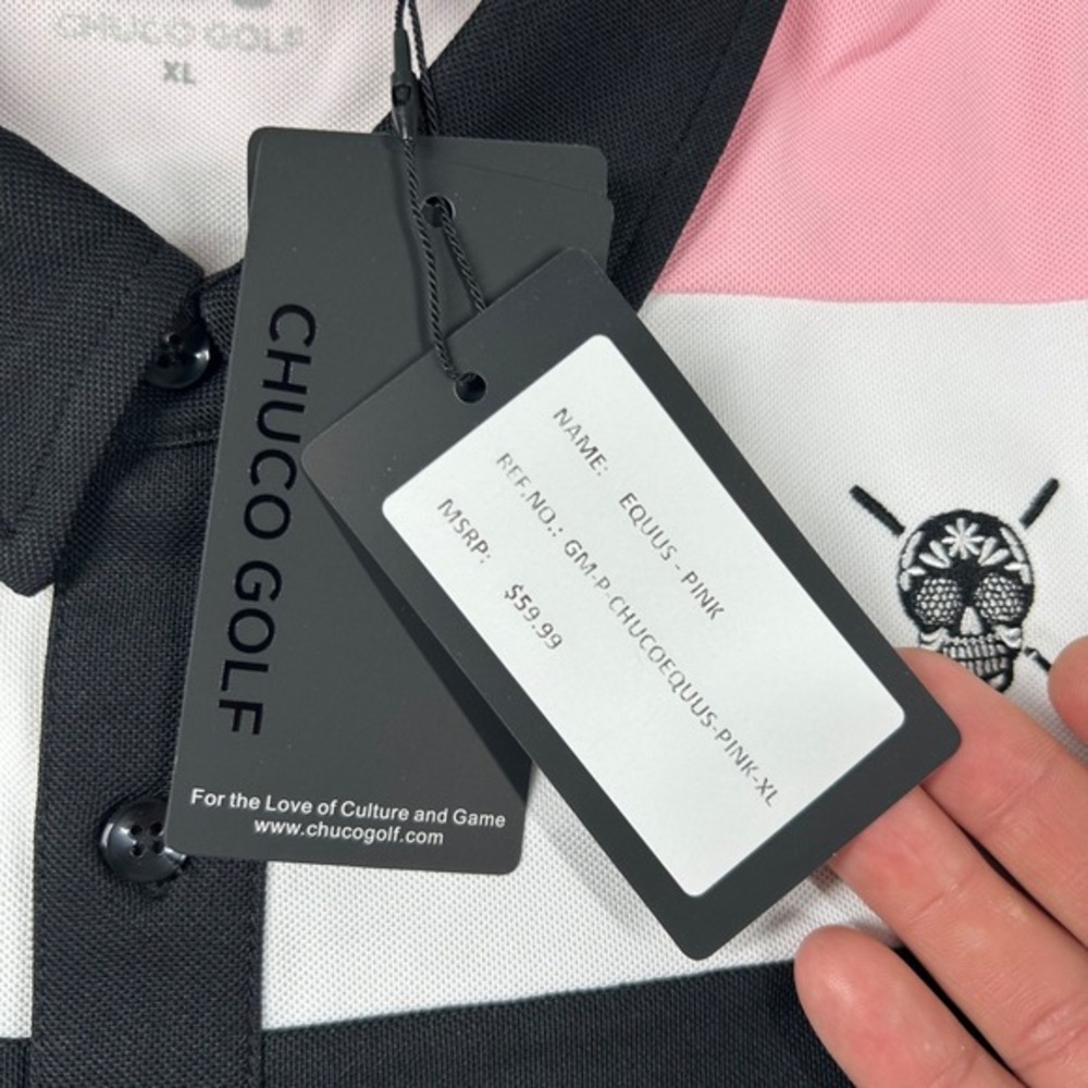 Chuco Golf Shirt Mens XL Performance Skull Pique Striped Color Block Pink Black - Picture 5 of 9